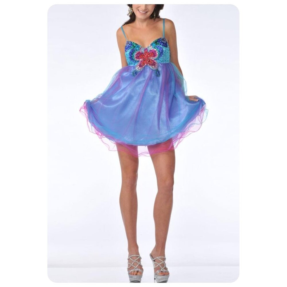 Blue & Pink Sequin Mini Dress with Floral Appliqué